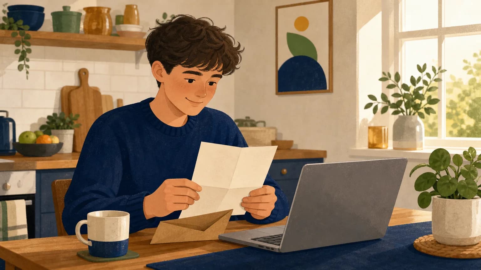 Young adult at a kitchen table checking unclaimed Child Trust Fund eligibility on a laptop