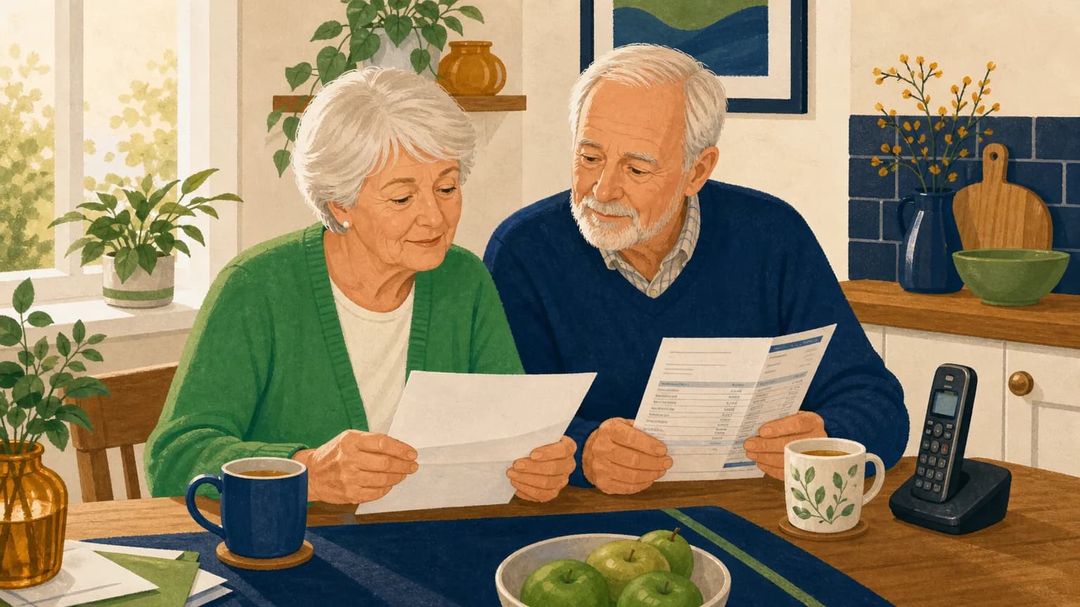 Older couple at a kitchen table checking pension credit eligibility with letters and a phone