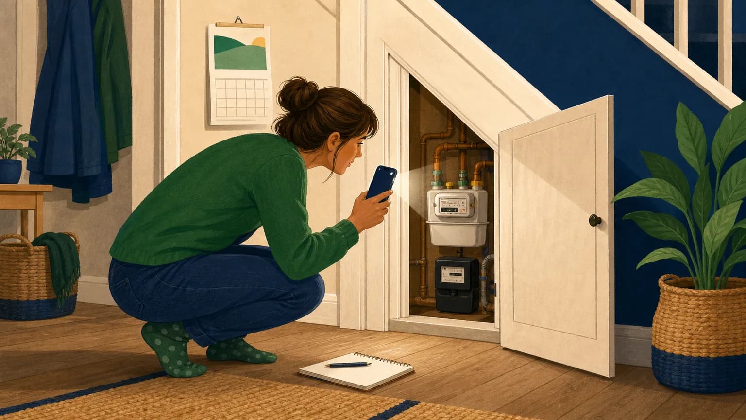 Person photographing an energy meter reading in a hallway cupboard before a price cap change