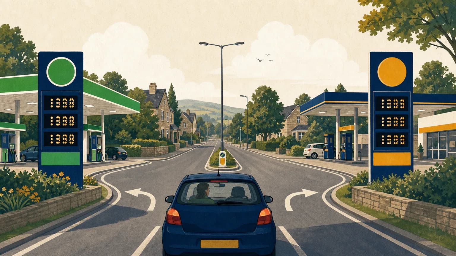 Driver choosing between two UK forecourts with different pump prices on the same road