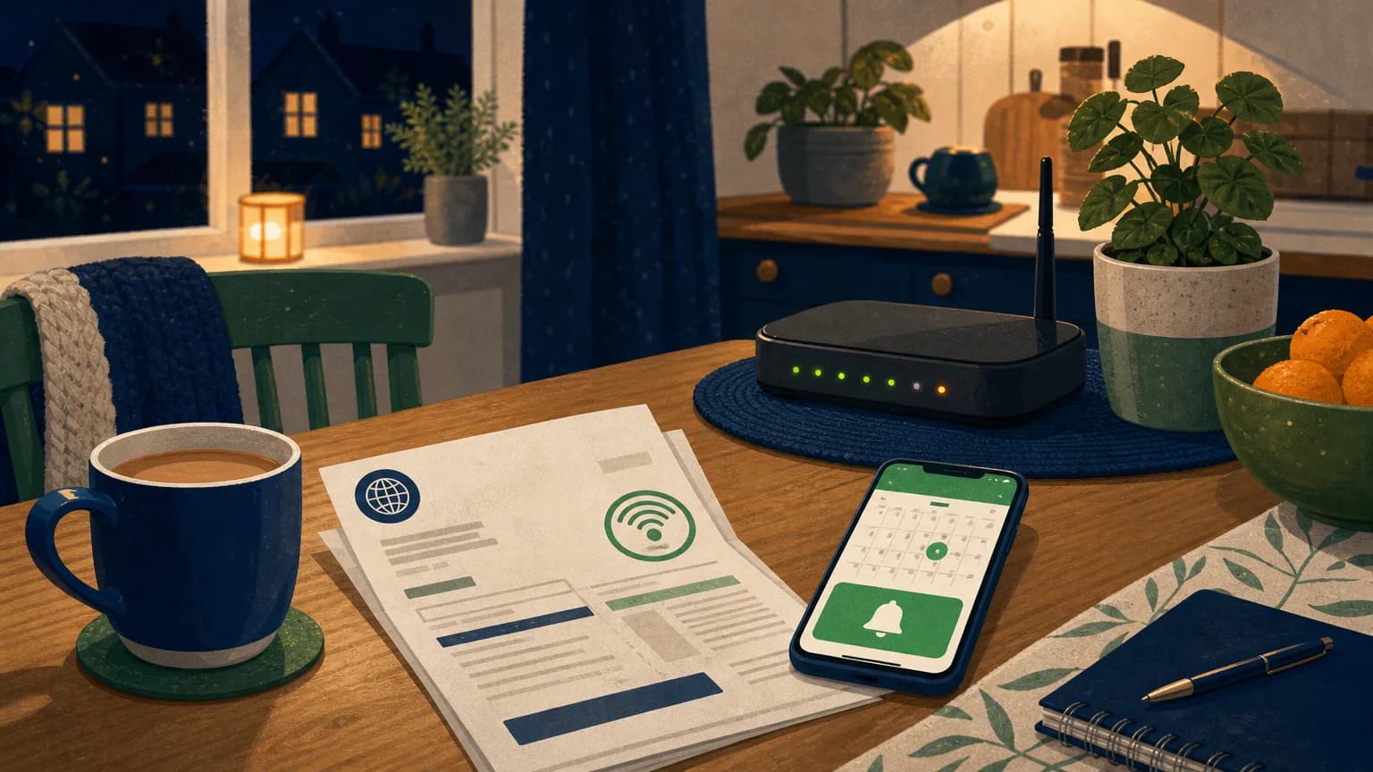 Household checking a broadband bill and contract end date at the kitchen table