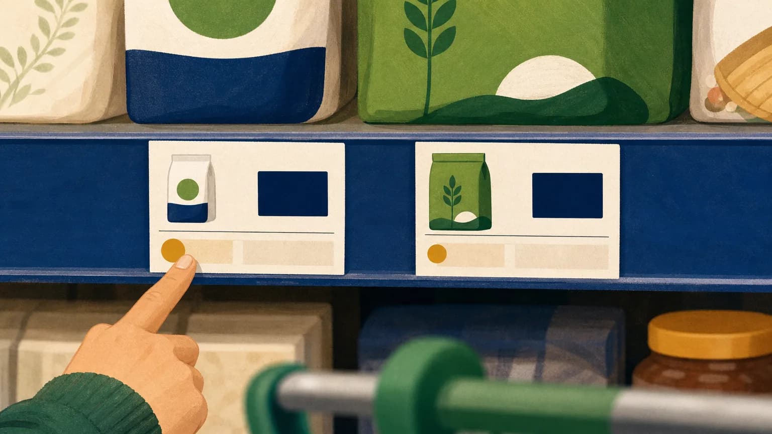 Shopper comparing shelf-edge unit prices on two pack sizes to find the cheapest supermarket option