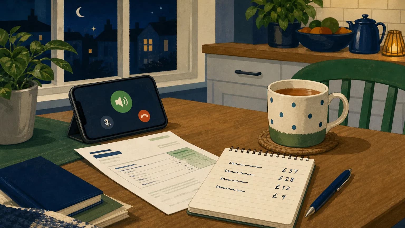 Kitchen table set up to haggle your bills: phone on speaker, bill and notepad with four numbers