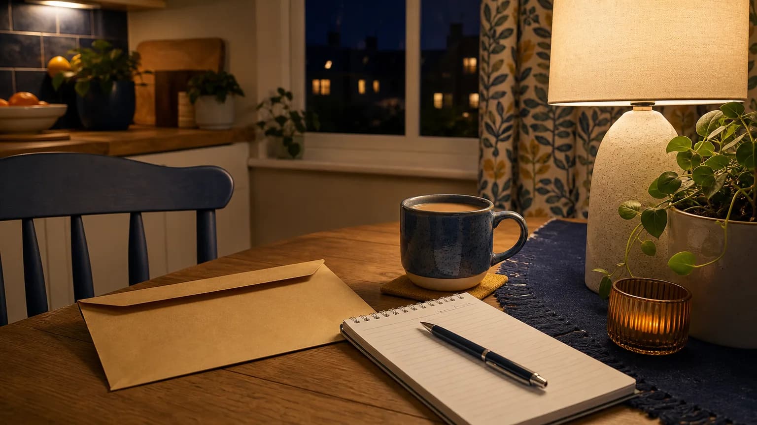 Unopened debt collection letter on a kitchen table with a pen, notepad and mug of tea