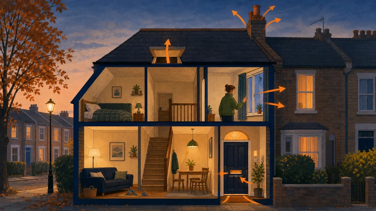 Cutaway house illustration showing where heat escapes, part of a warm home check for winter