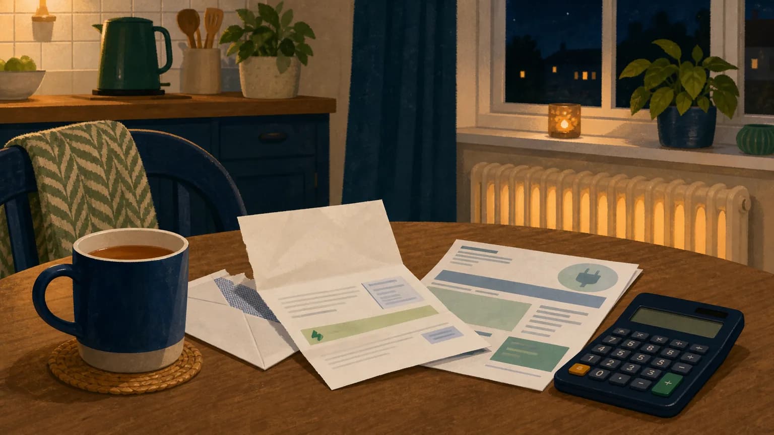 Household opening a Warm Home Discount letter at a kitchen table beside an electricity bill