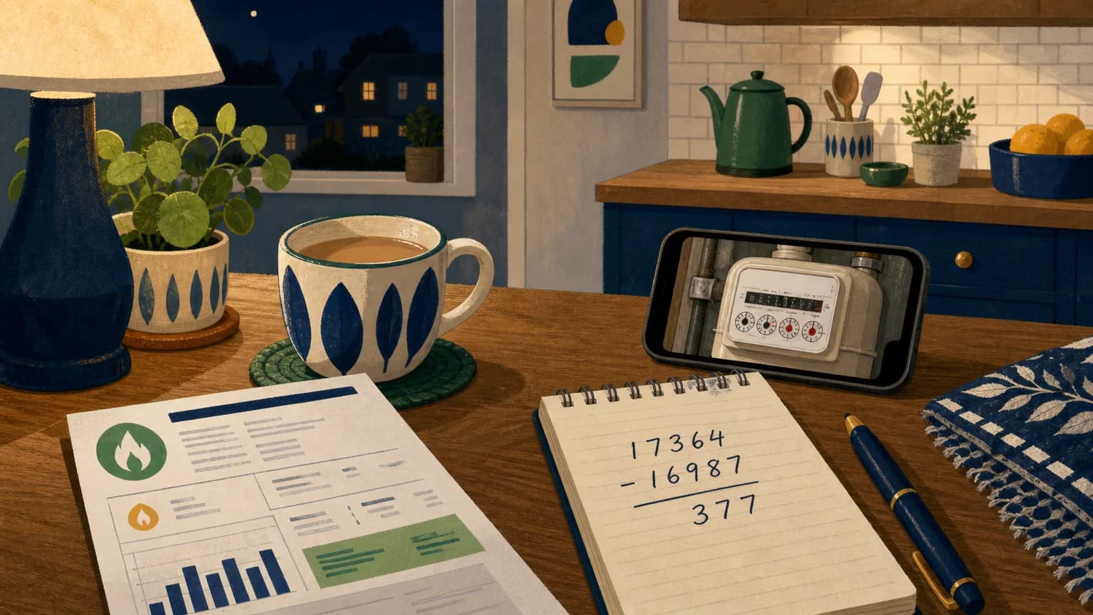 Kitchen table with an energy bill and meter readings while checking an energy direct debit that is too high
