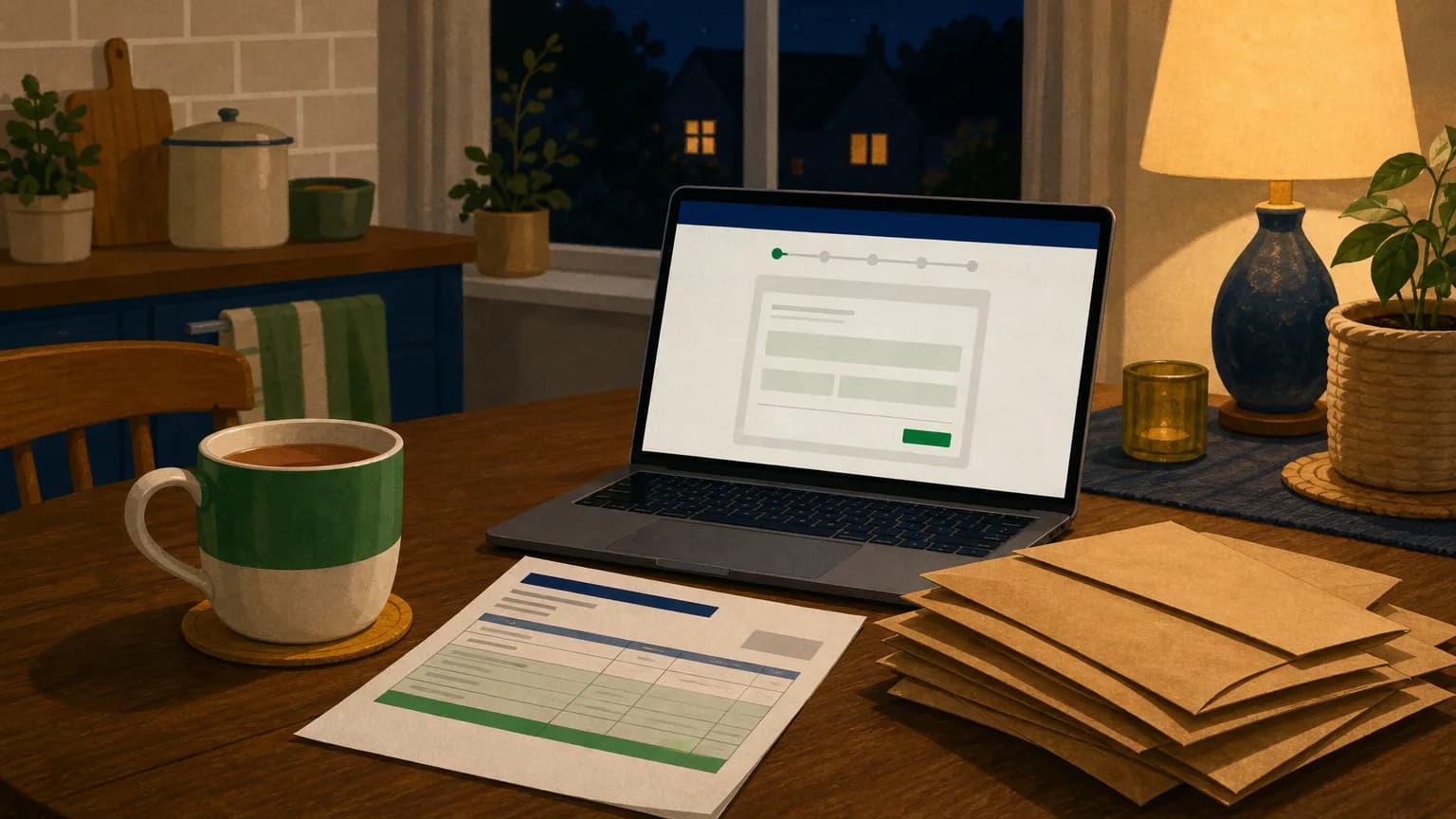 Person at a kitchen table checking what benefits they can claim on a laptop beside unopened bills