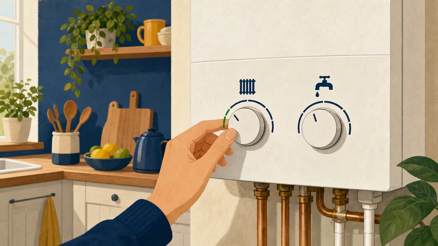 Hand turning the radiator dial on a combi boiler to lower the boiler flow temperature