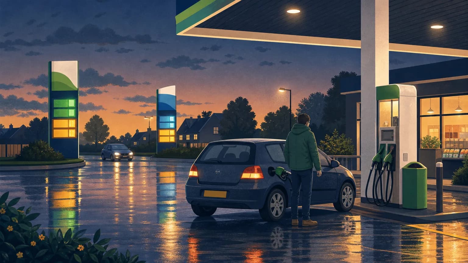 Driver filling a car at a UK forecourt, comparing branded and supermarket fuel prices