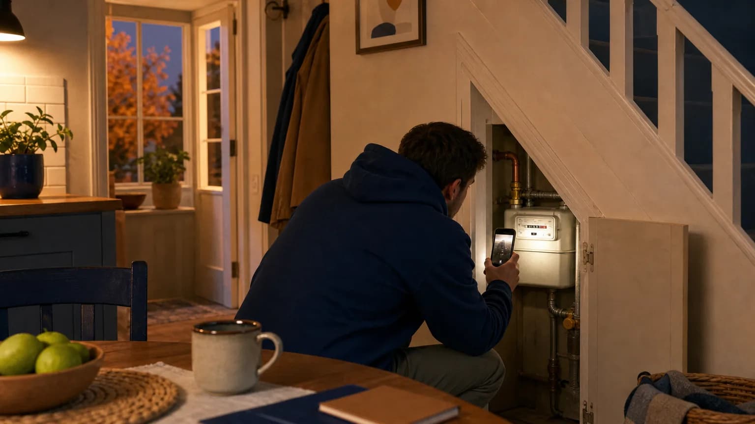 Person photographing a gas meter to submit a meter reading before the price cap change