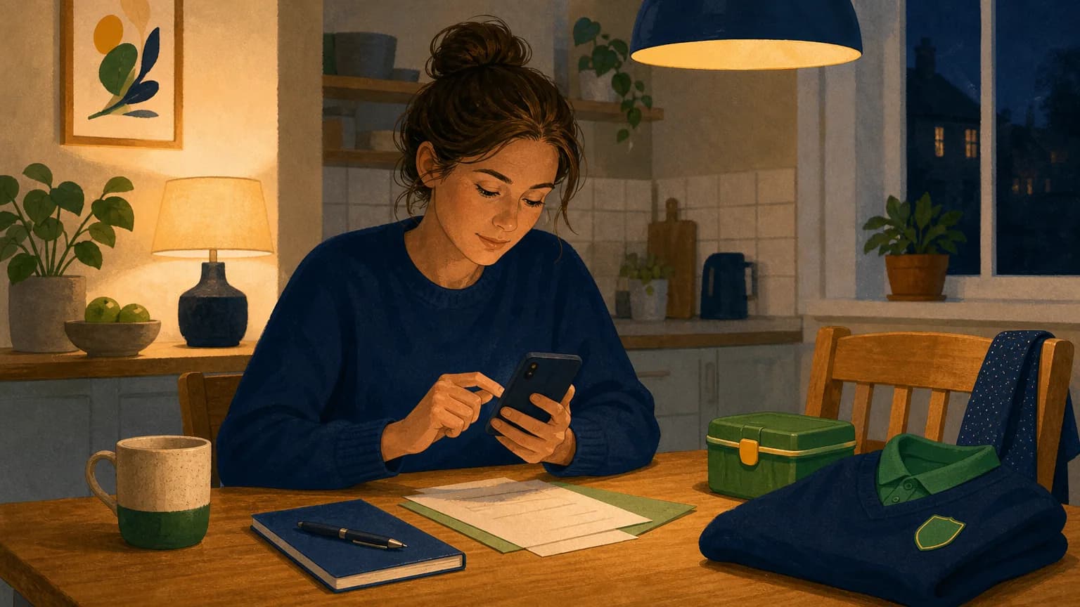 Parent applying for free school meals on a phone at the kitchen table beside a school jumper