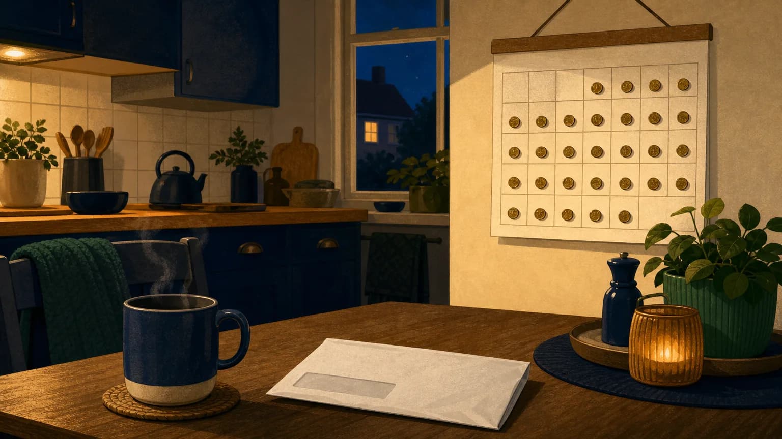 Kitchen table with an energy bill and a calendar showing a coin on every day for the standing charge