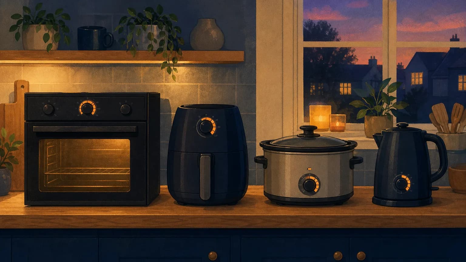 Kitchen appliances including oven, air fryer, slow cooker and kettle compared for running cost per hour