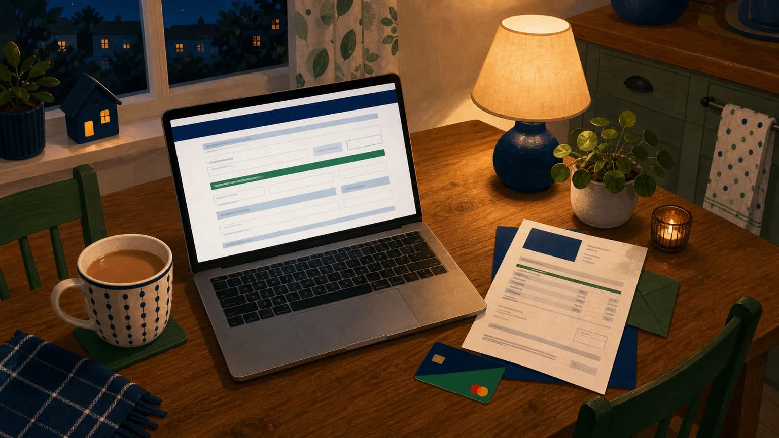 Person checking Universal Credit eligibility on a laptop at a kitchen table with bills