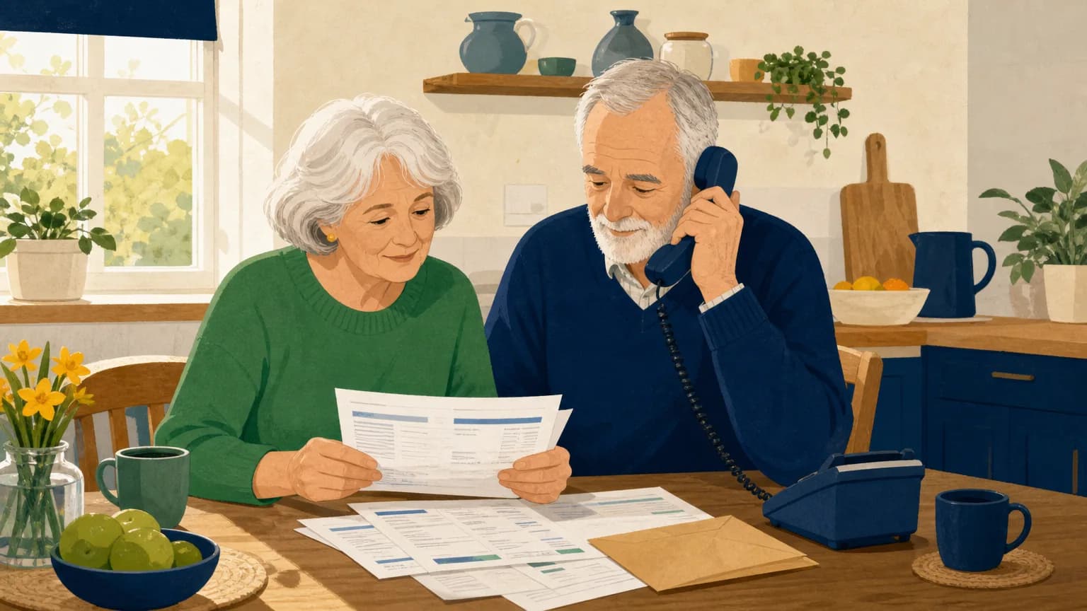 Older couple at a kitchen table checking papers while phoning about Pension Credit eligibility