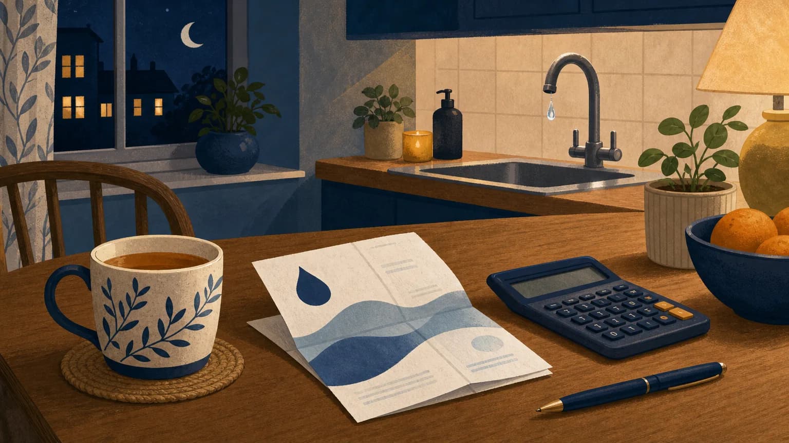 Household water bill on a kitchen table with tea and calculator while working out help with water bills