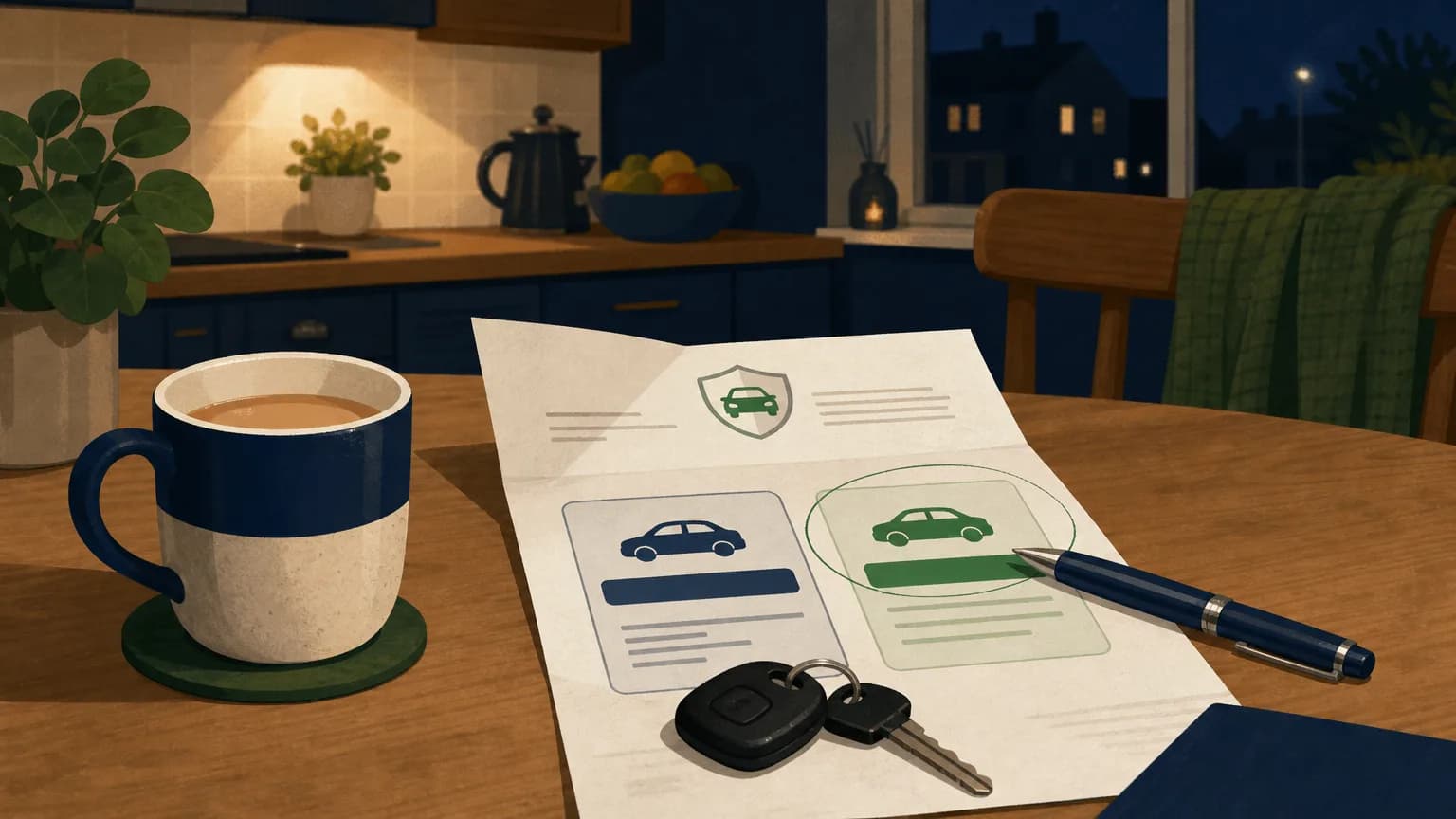 Car insurance renewal letter on a kitchen table showing last year's price beside this year's increase